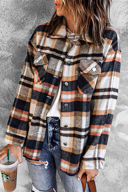 Classic Plaid Shirt Jacket with pockets in beige black orange plaid by Stevvex on model on Tampa Home & Garden Store
