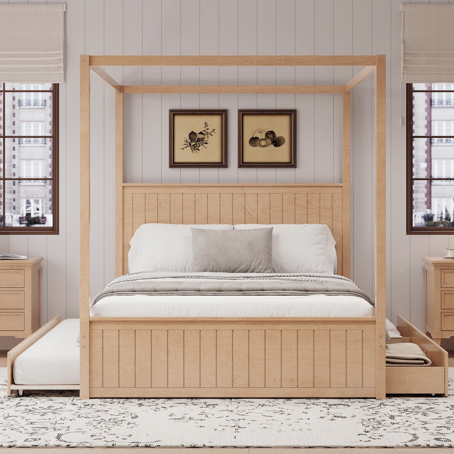 Canopy platform bed in natural oak with trundle and 3 storage drawers, with two nightstands on Tampa Home & Garden Store