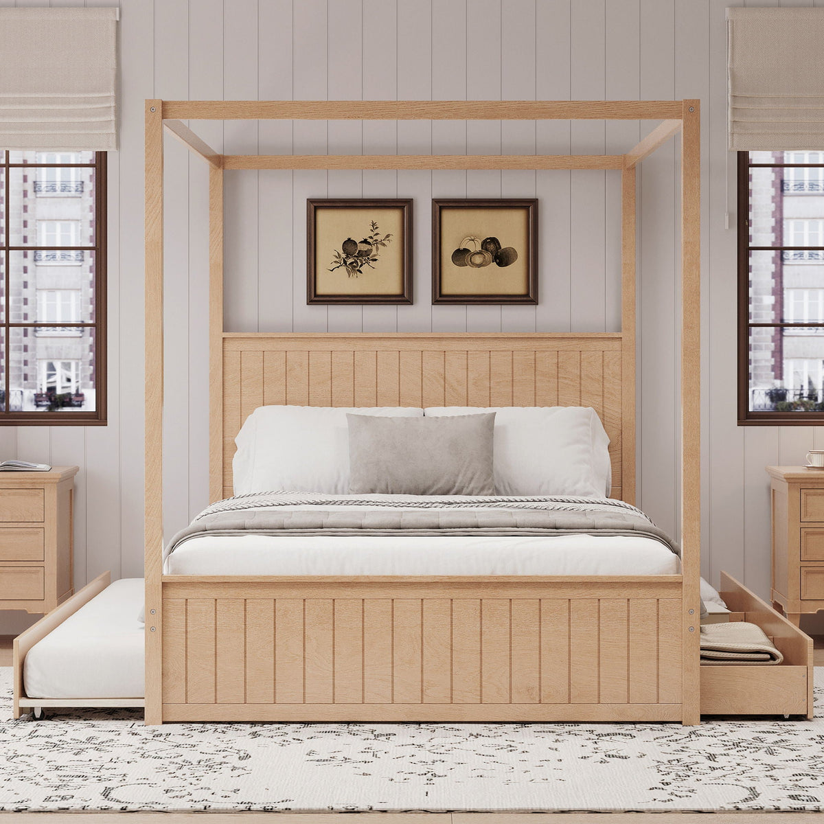 Canopy platform bed in natural oak with trundle and 3 storage drawers, with two nightstands on Tampa Home & Garden Store