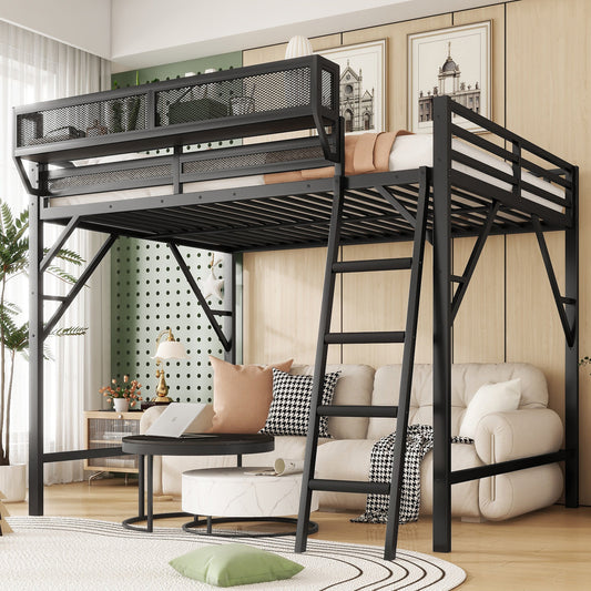 Full-size loft bed with black metal frame, ladder, mesh rails and storage shelves on Tampa Home & Garden Store