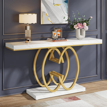 White and gold console table with marble top and geometric gold base by HouseOfZazla on Tampa Home & Garden Store