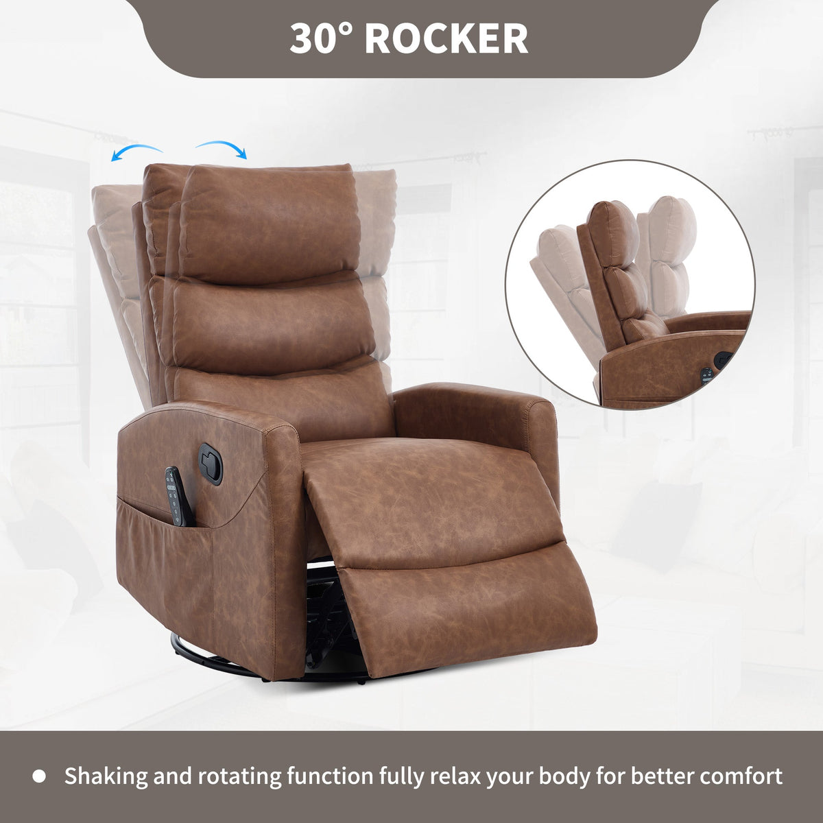 Heat Massage Manual Recliner Chair with rocker and swivel in brown leather with pocket on Tampa Home & Garden Store