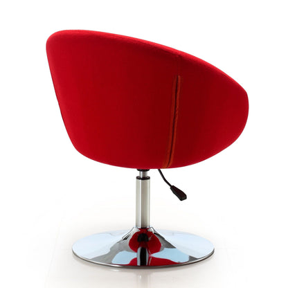 Red upholstered swivel lounge chair with curved back and chrome pedestal base on Tampa Home & Garden Store