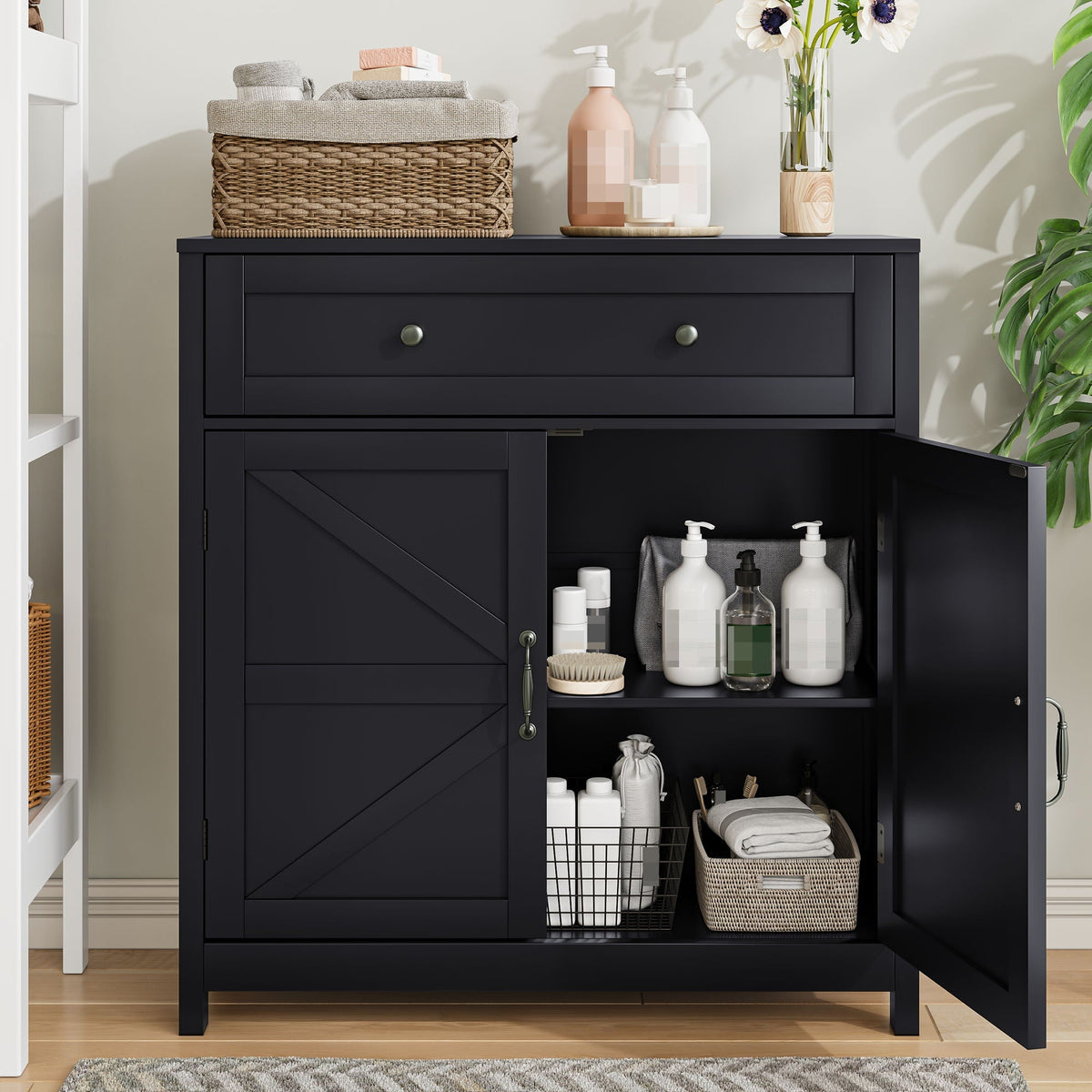 Farmhouse storage cabinet in matte black with drawer and adjustable shelf top basket and bottles on Tampa Home & Garden Store
