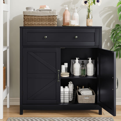 Farmhouse storage cabinet in matte black with drawer and adjustable shelf top basket and bottles on Tampa Home & Garden Store