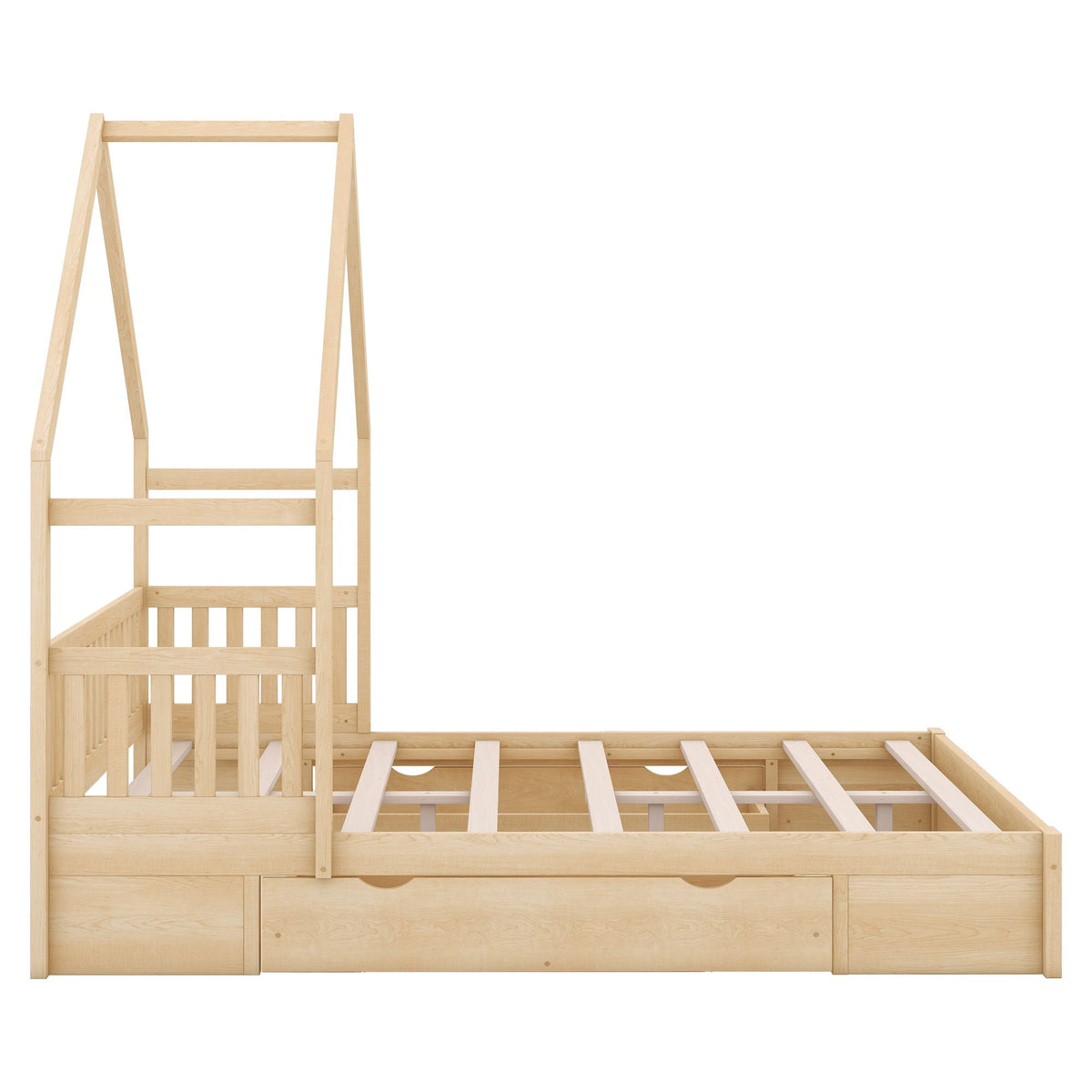 HouseOfZazla house style platform bed with guardrail and two drawers in natural oak on Tampa Home & Garden Store