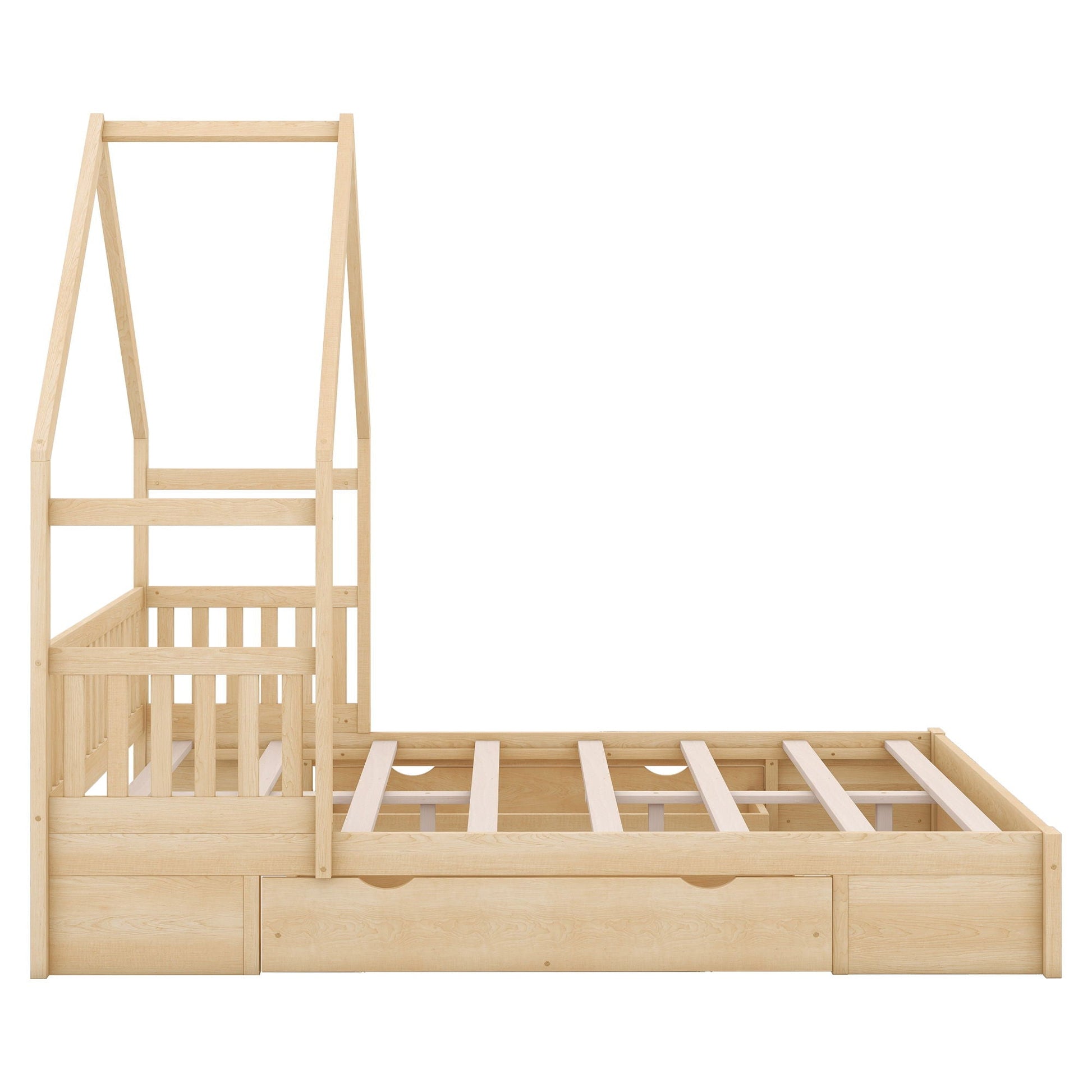 HouseOfZazla house style platform bed with guardrail and two drawers in natural oak on Tampa Home & Garden Store