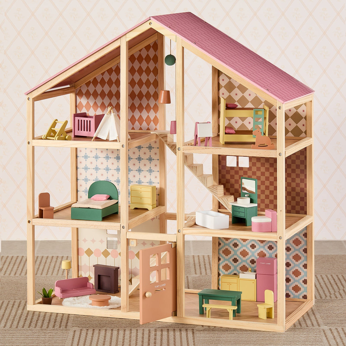 Dollhouse Tiny Land Sweetwood in natural wood with pink roof and dolls not included on Tampa Home & Garden Store