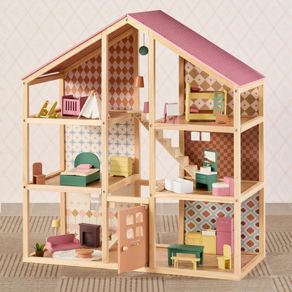 Dollhouse Tiny Land Sweetwood in natural wood with pink roof and dolls not included on Tampa Home & Garden Store