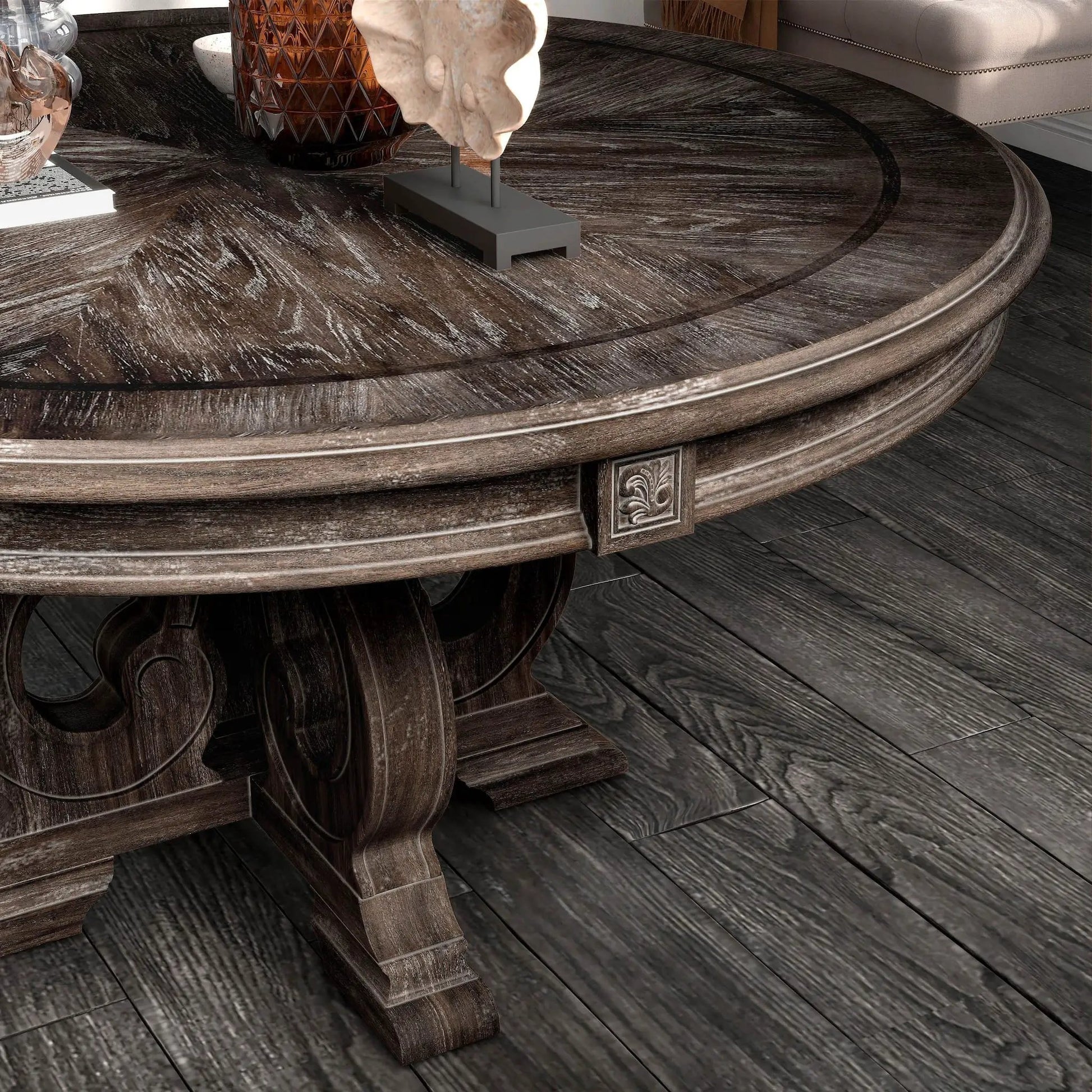 Elegant round dining table with dark wood finish and ornate pedestal base 7pc dining set on Tampa Home & Garden Store