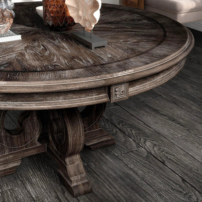 Elegant round dining table with dark wood finish and ornate pedestal base 7pc dining set on Tampa Home & Garden Store