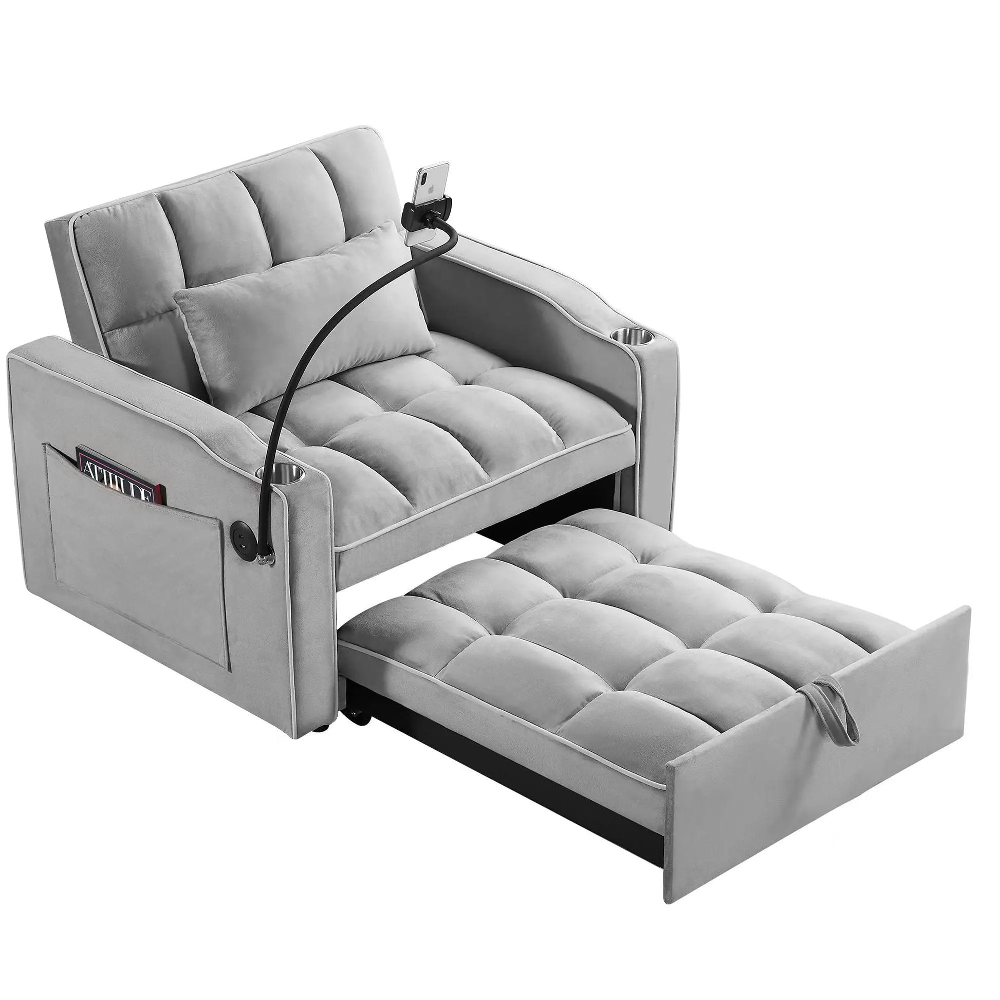 Gray convertible sleeper chair sofa bed with pull-out mattress, cup holders and side pockets on Tampa Home & Garden Store