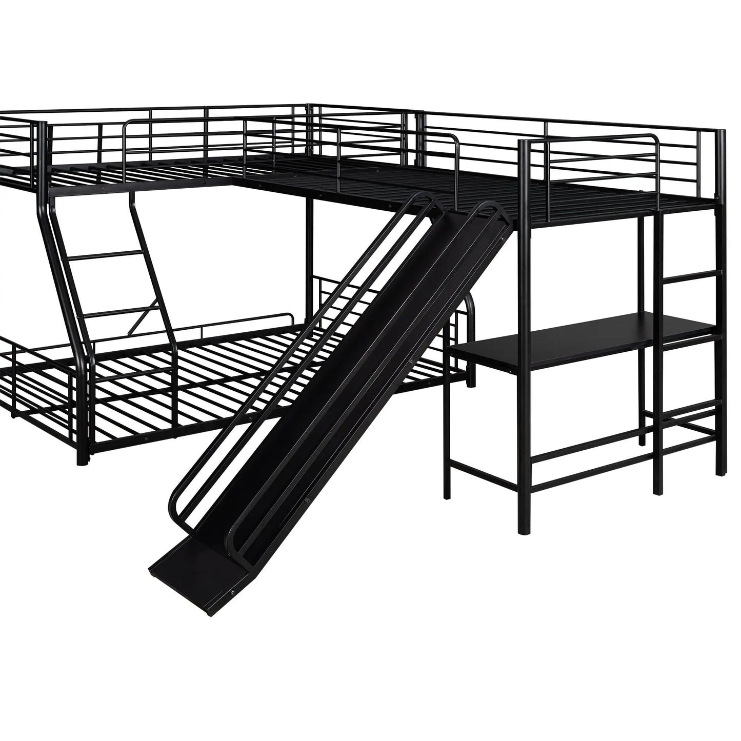 L-shaped bunk bed frame in black metal with guard rails, ladder and slide on Tampa Home & Garden Store