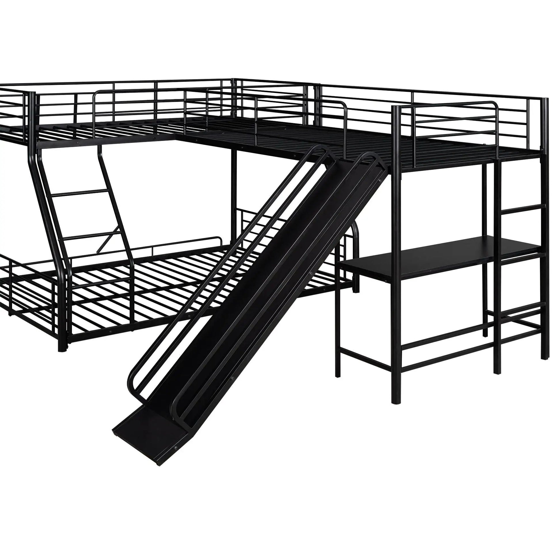 L-shaped bunk bed frame in black metal with guard rails, ladder and slide on Tampa Home & Garden Store
