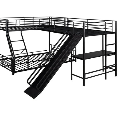 L-shaped bunk bed frame in black metal with guard rails, ladder and slide on Tampa Home & Garden Store