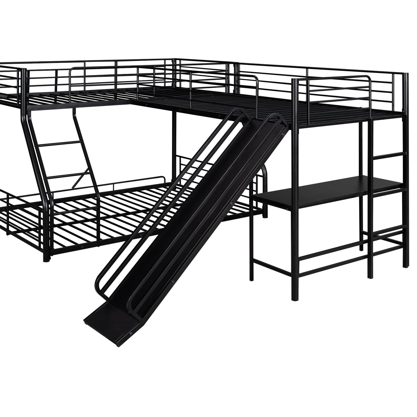 HouseOfZazla black metal L-shaped bunk bed with twin loft, built-in desk and slide on Tampa Home & Garden Store