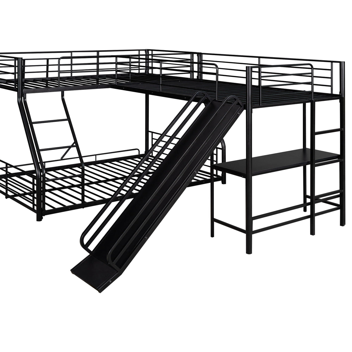 HouseOfZazla black metal L-shaped bunk bed with twin loft, built-in desk and slide on Tampa Home & Garden Store