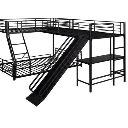 HouseOfZazla black metal L-shaped bunk bed with twin loft, built-in desk and slide on Tampa Home & Garden Store