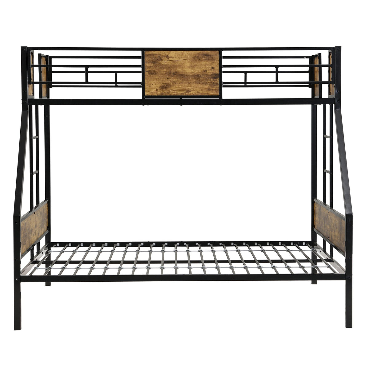 Modern metal bunk bed with black finish, side ladders and guardrail, wood panel accents on Tampa Home & Garden Store
