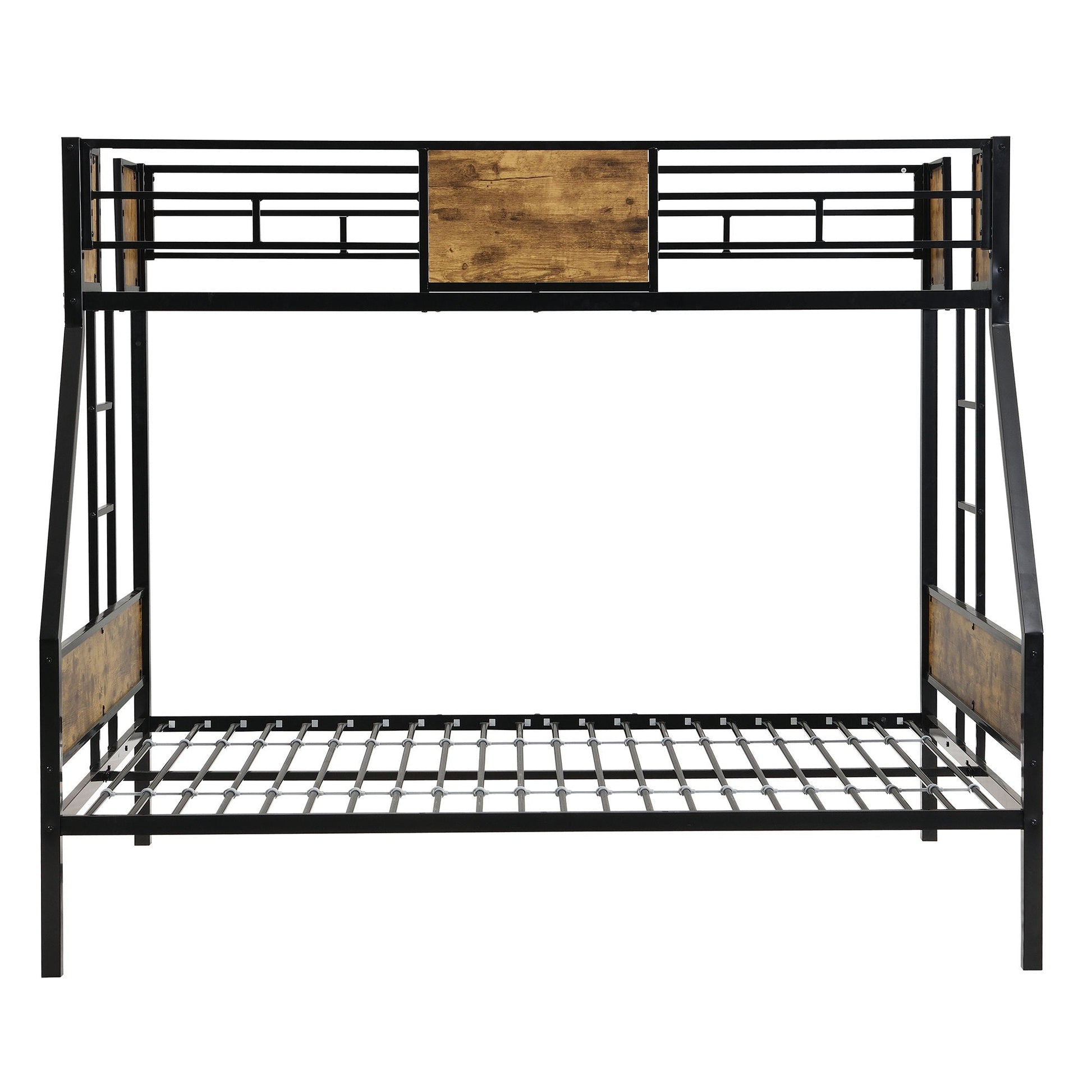 Modern metal bunk bed with black finish, side ladders and guardrail, wood panel accents on Tampa Home & Garden Store