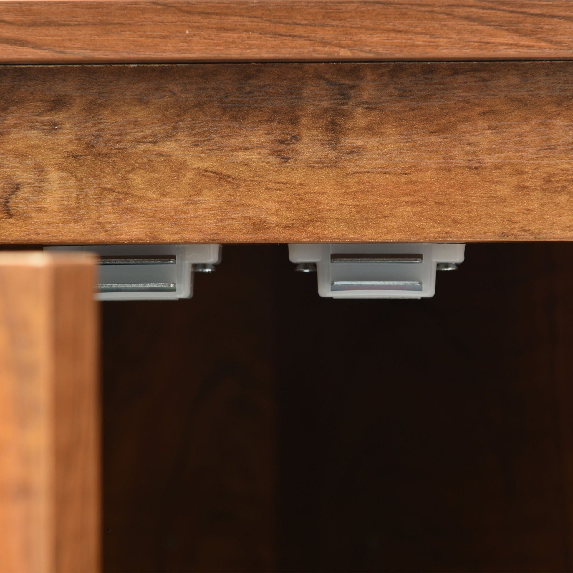 Triangle Bathroom Storage Cabinet hardware view under warm wood with metal slides on Tampa Home & Garden Store