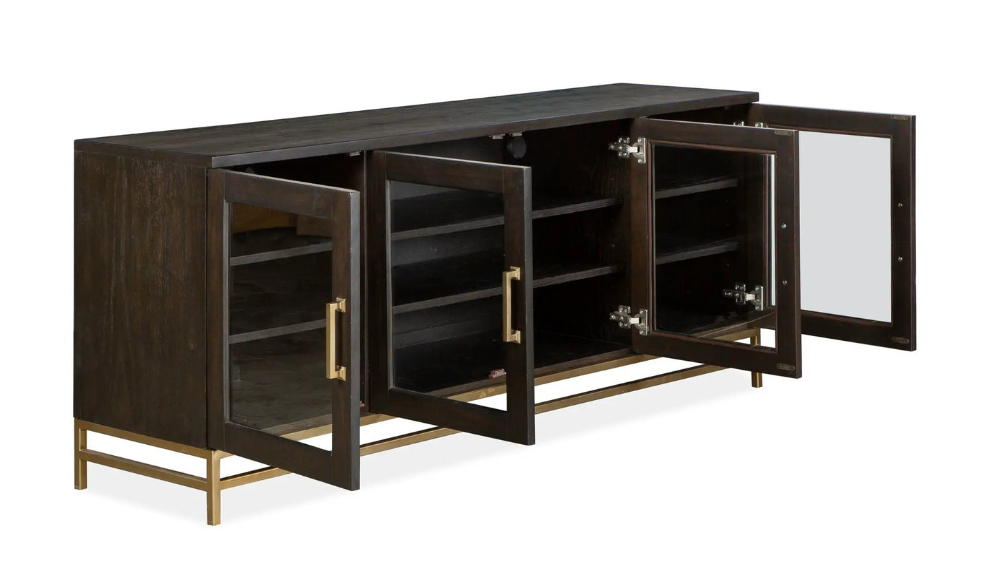 Lindon Console TV Stand by Unique Piece Furniture in dark wood with brass legs and glass doors on Tampa Home & Garden Store