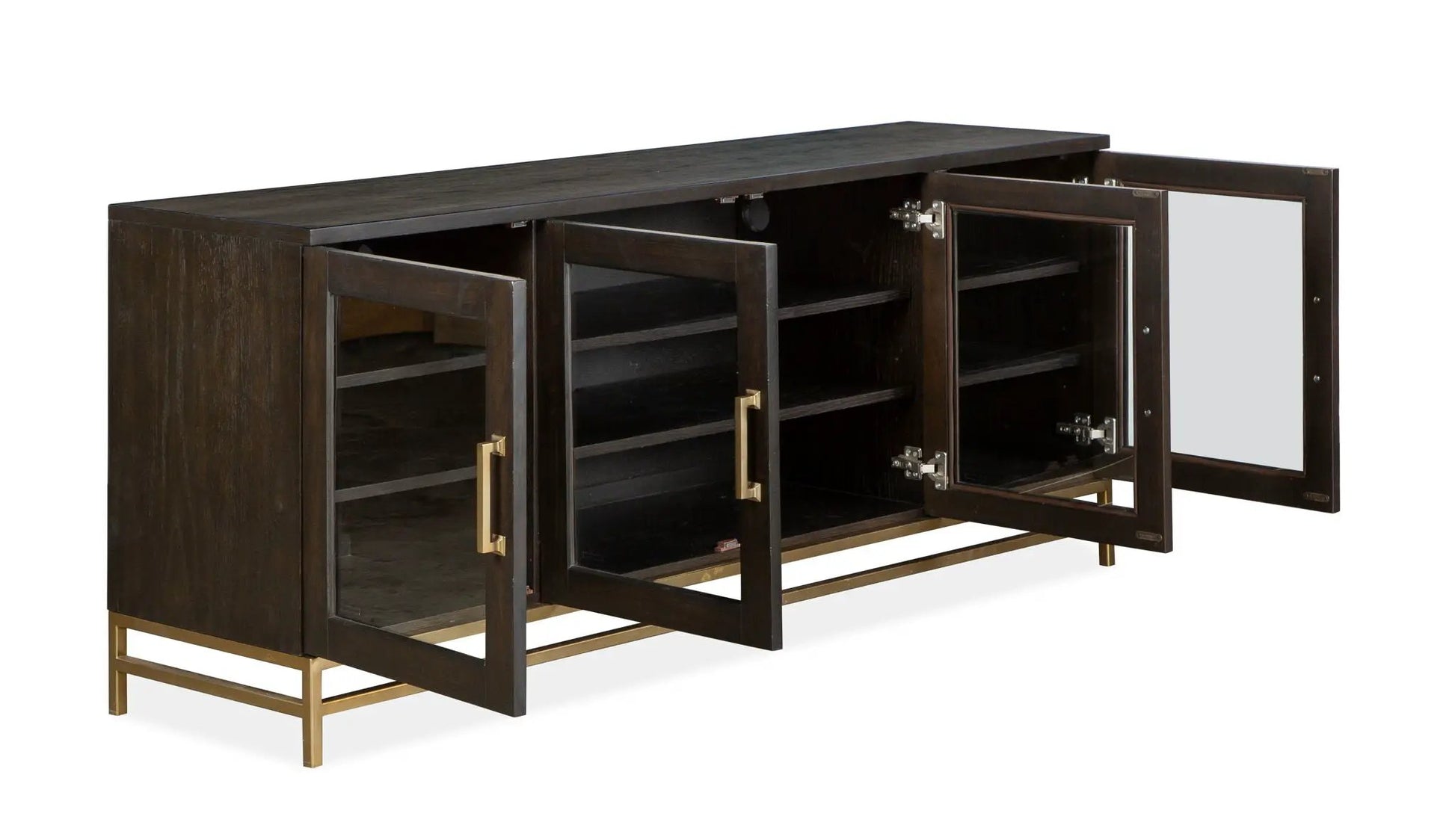Lindon Console TV Stand by Unique Piece Furniture in dark wood with brass legs and glass doors on Tampa Home & Garden Store