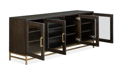 Lindon Console TV Stand by Unique Piece Furniture in dark wood with brass legs and glass doors on Tampa Home & Garden Store