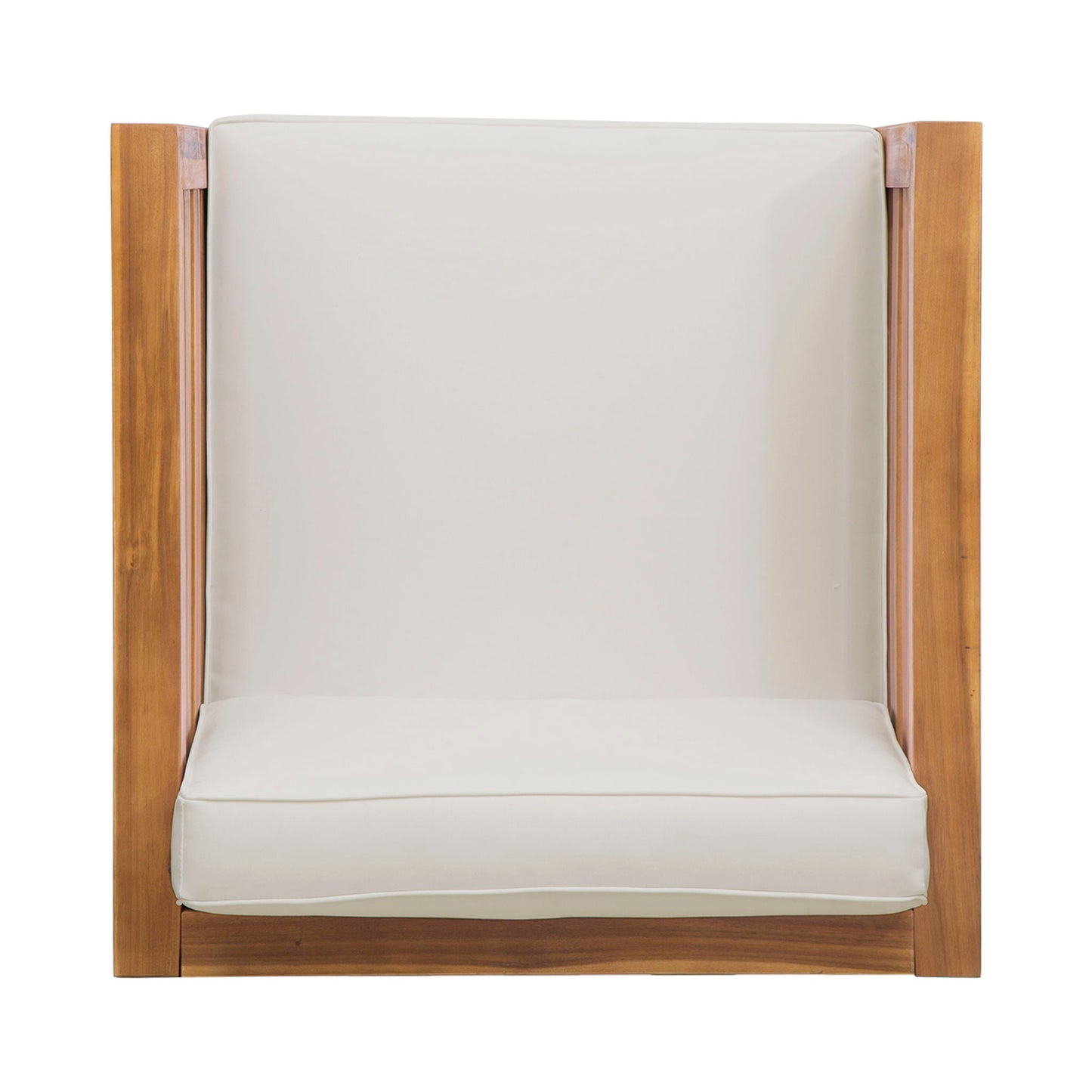 Outdoor acacia wood patio arm chair with white fabric cushion on Tampa Home & Garden Store