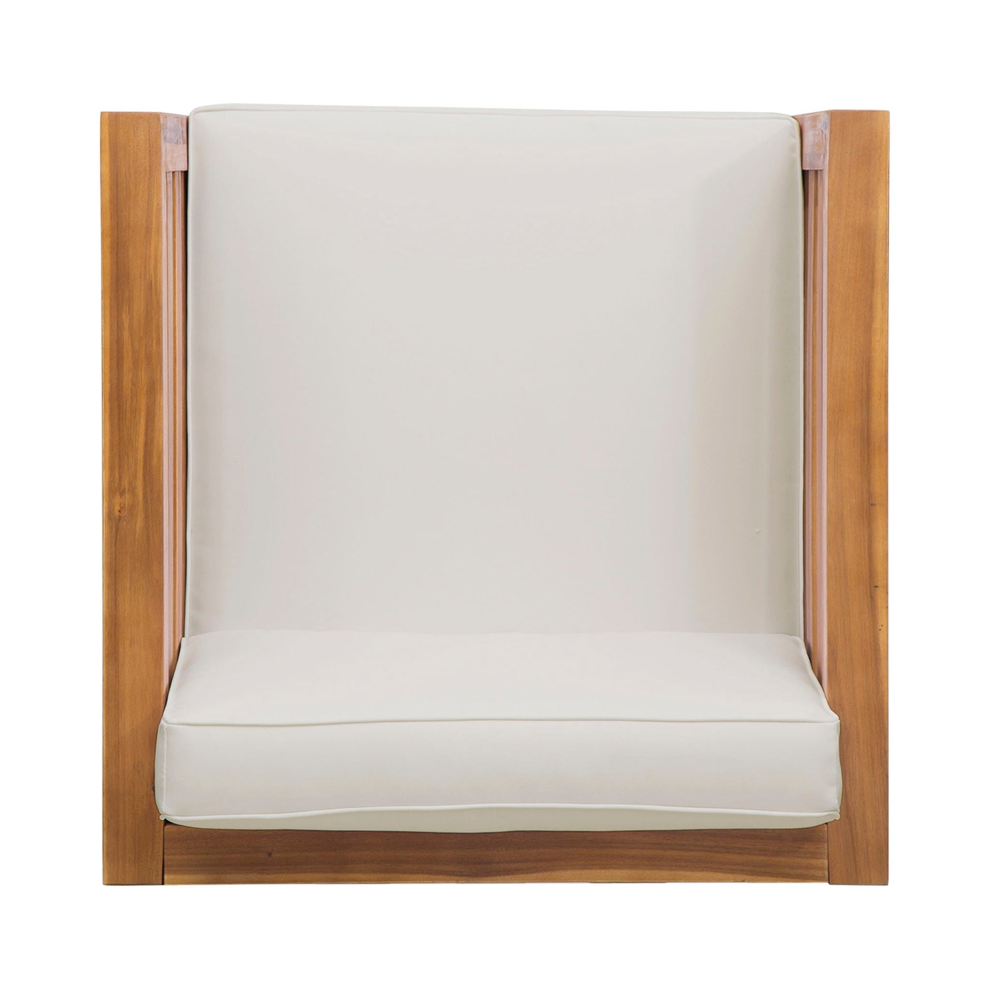 Outdoor acacia wood patio arm chair with white fabric cushion on Tampa Home & Garden Store