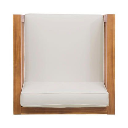 Outdoor acacia wood patio arm chair with white fabric cushion on Tampa Home & Garden Store