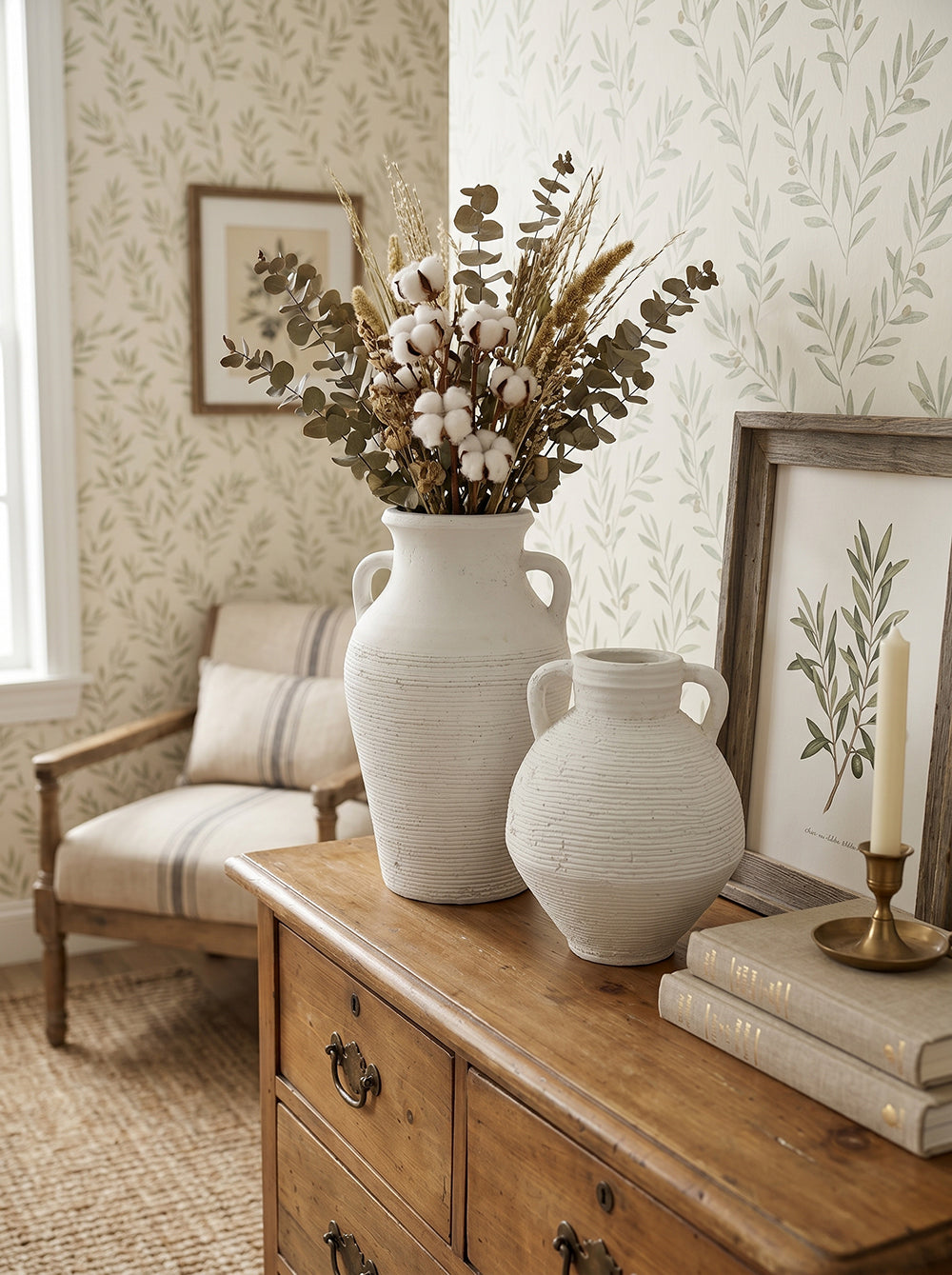Rustic White Terracotta Tall Ribbed Vase by HouseOfZazla; two ribbed vases on a dresser on Tampa Home & Garden Store