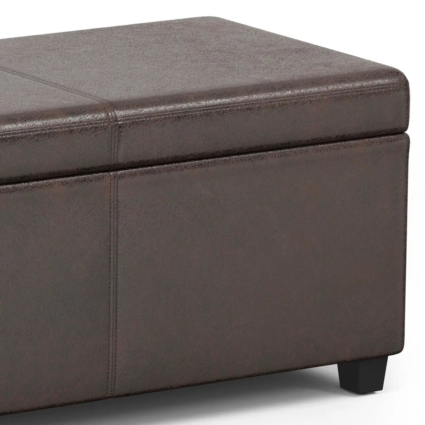 Avalon Storage Ottoman Bench in dark brown faux leather with stitched seams on Tampa Home & Garden Store
