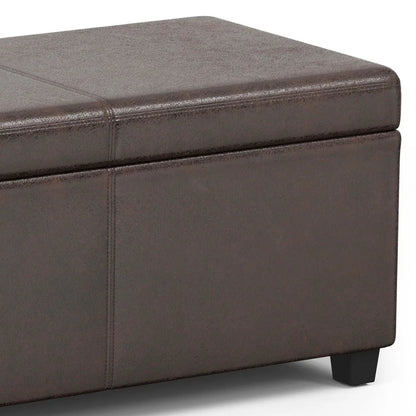 Avalon Storage Ottoman Bench in dark brown faux leather with stitched seams on Tampa Home & Garden Store