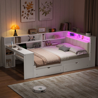 Platform bed with storage drawers and shelves, integrated desk, white finish, purple LED glow on Tampa Home & Garden Store