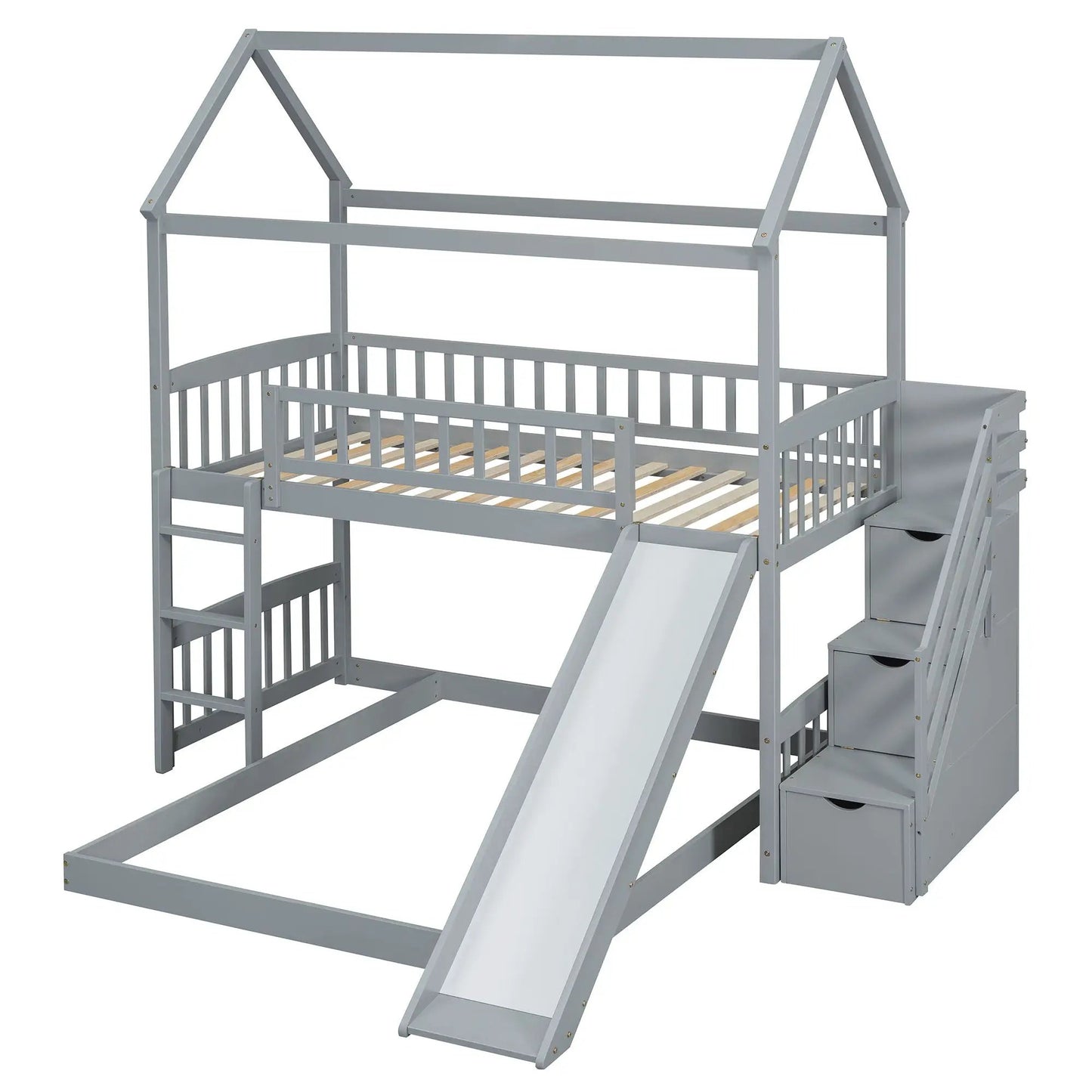 House bunk bed with slide in gray finish slats stairs with storage Unique Piece Furniture on Tampa Home & Garden Store