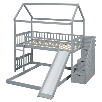 House bunk bed with slide in gray finish slats stairs with storage Unique Piece Furniture on Tampa Home & Garden Store