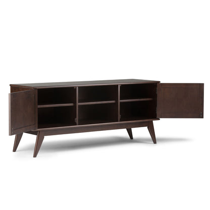 HouseOfZazla Mid Century TV Stand and Storage in dark walnut with open shelving and side cabinets on Tampa Home & Garden Store