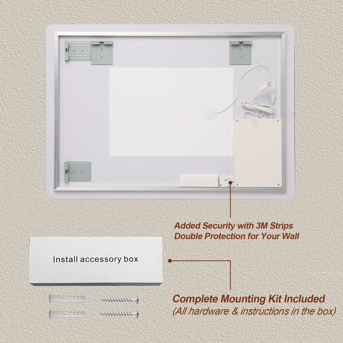 Wall mounted LED mirror back view with silver frame and mounting brackets HouseOfZazla on Tampa Home & Garden Store
