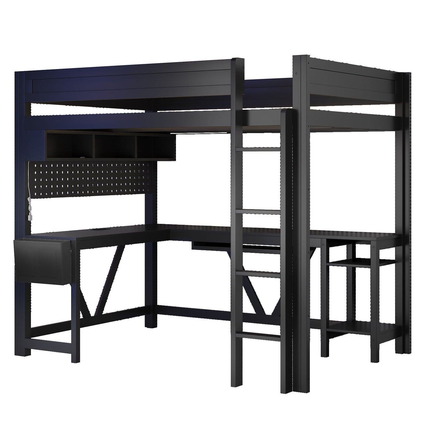 Gaming Loft Bed with Desk, Shelves and LED Charging Station in black metal frame by HouseOfZazla on Tampa Home & Garden Store