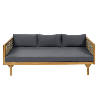 Claremont 3 Seater Daybed with Rattan Arms, gray cushions, wooden frame by HouseOfZazla on Tampa Home & Garden Store