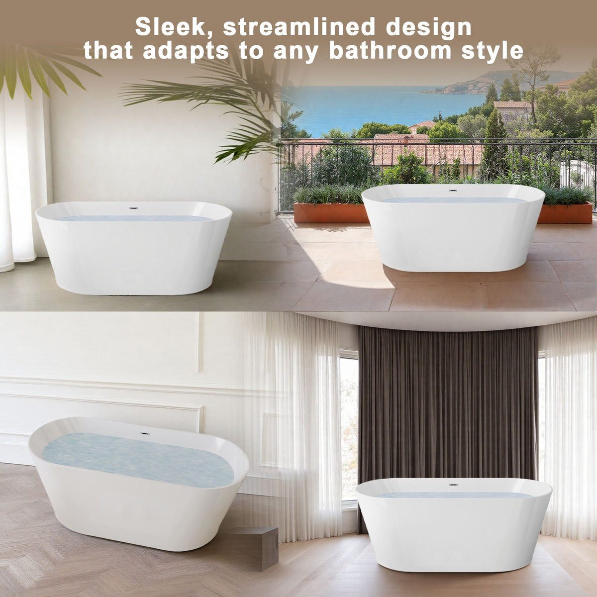 Glossy freestanding bathtub with toe-tap drain by HouseOfZazla; white acrylic, 4 units shown on Tampa Home & Garden Store
