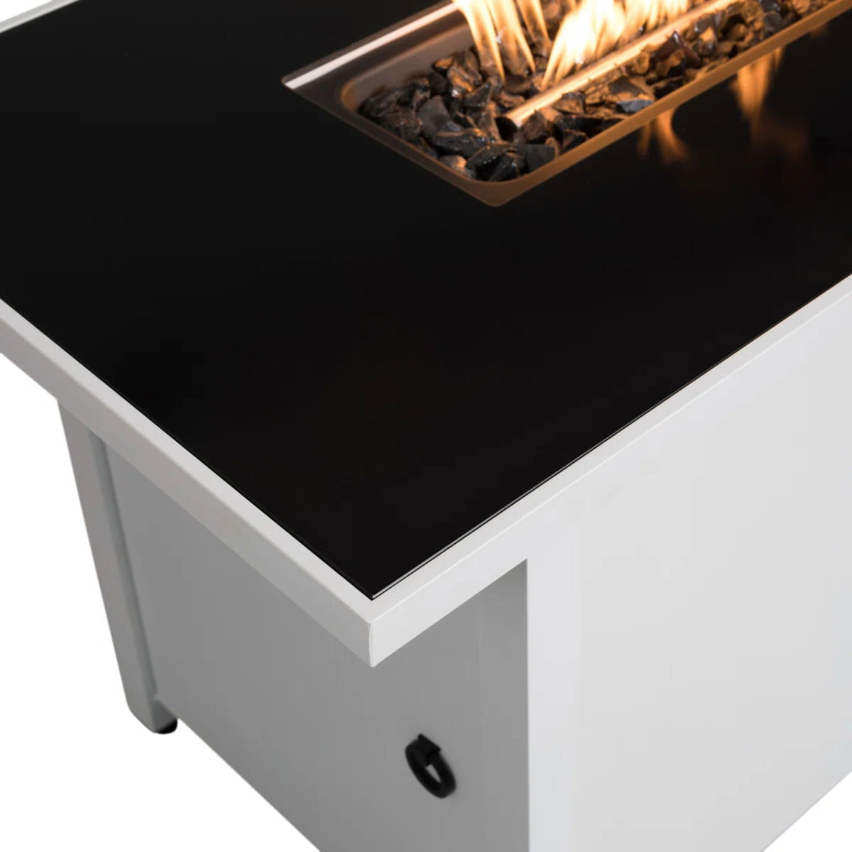 Rectangular Fire Pit with Frame, black glass top and metal frame, modern design on Tampa Home & Garden Store