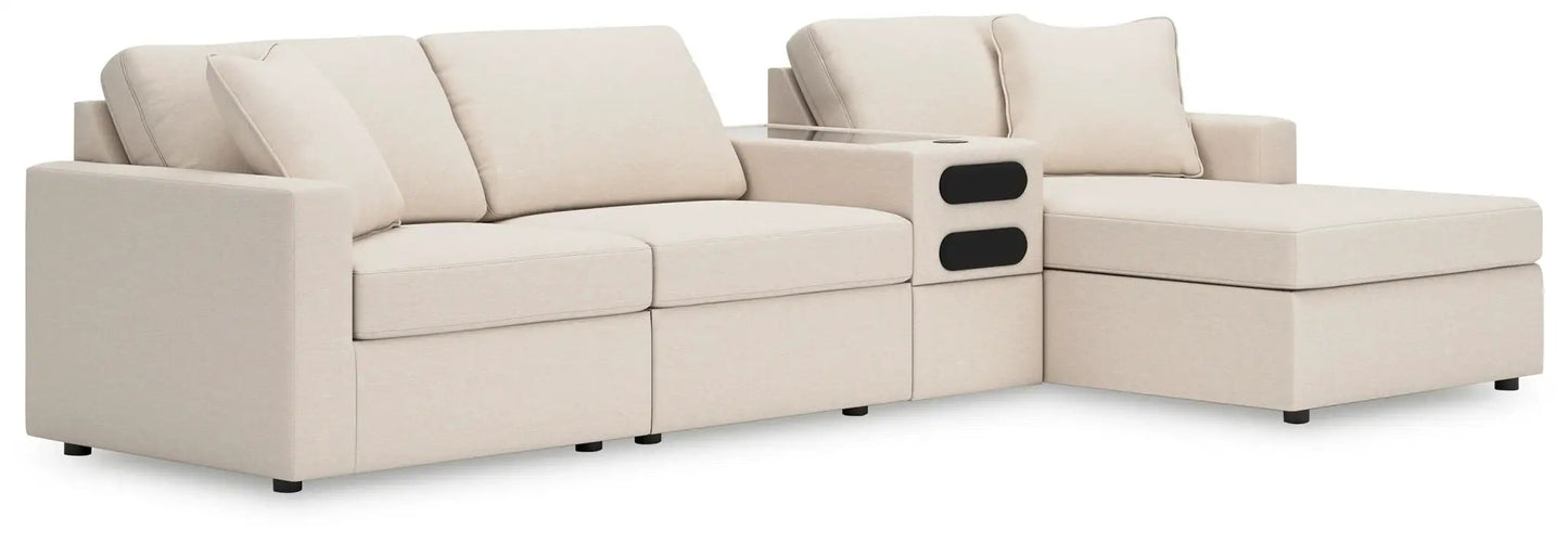 Modmax Oyster sectional sofa with built-in console, beige fabric, right chaise on Tampa Home & Garden Store