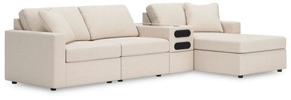 Modmax Oyster sectional sofa with built-in console, beige fabric, right chaise on Tampa Home & Garden Store