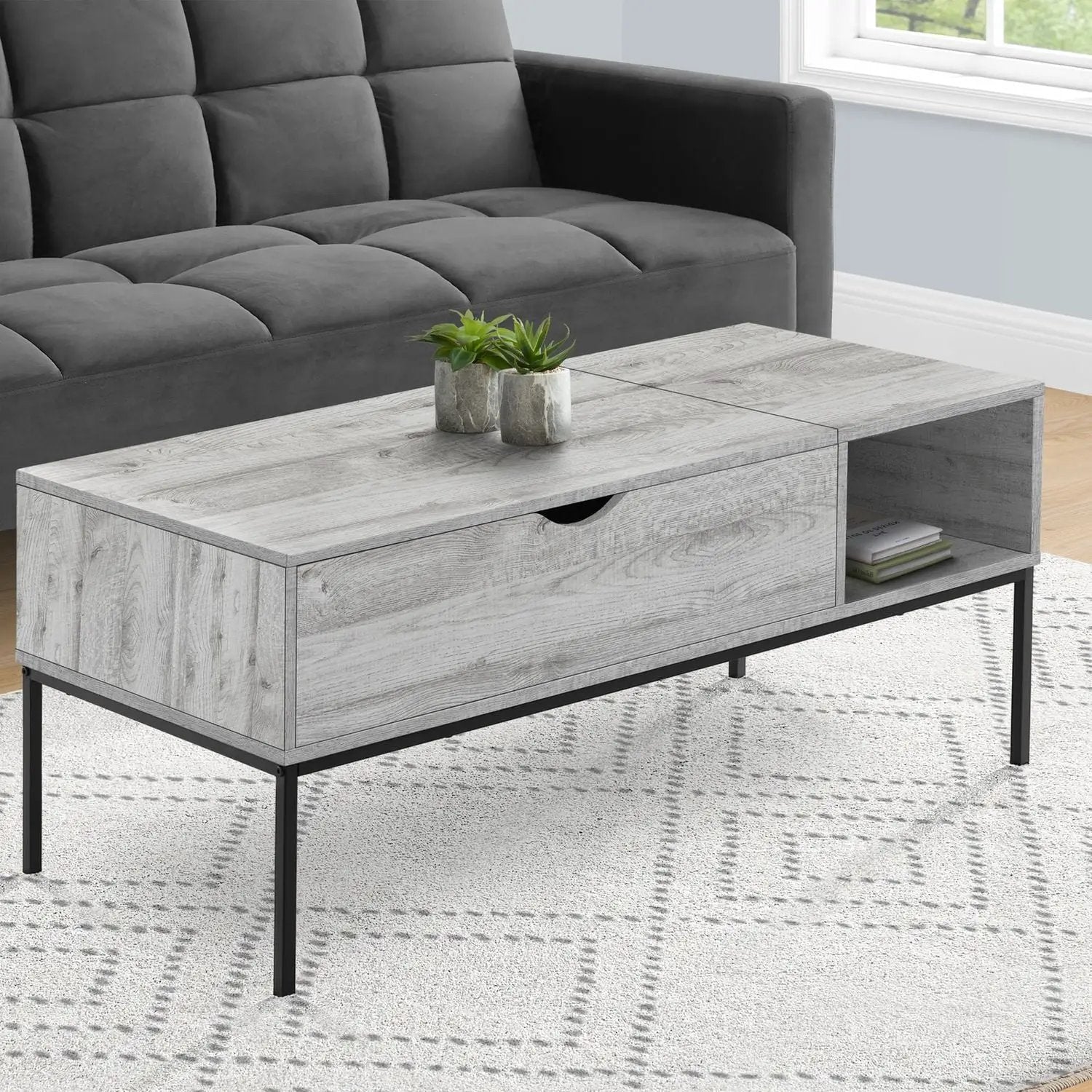 Rectangular lift-top coffee table in gray wood grain with black metal legs drawer and open shelf on Tampa Home & Garden Store