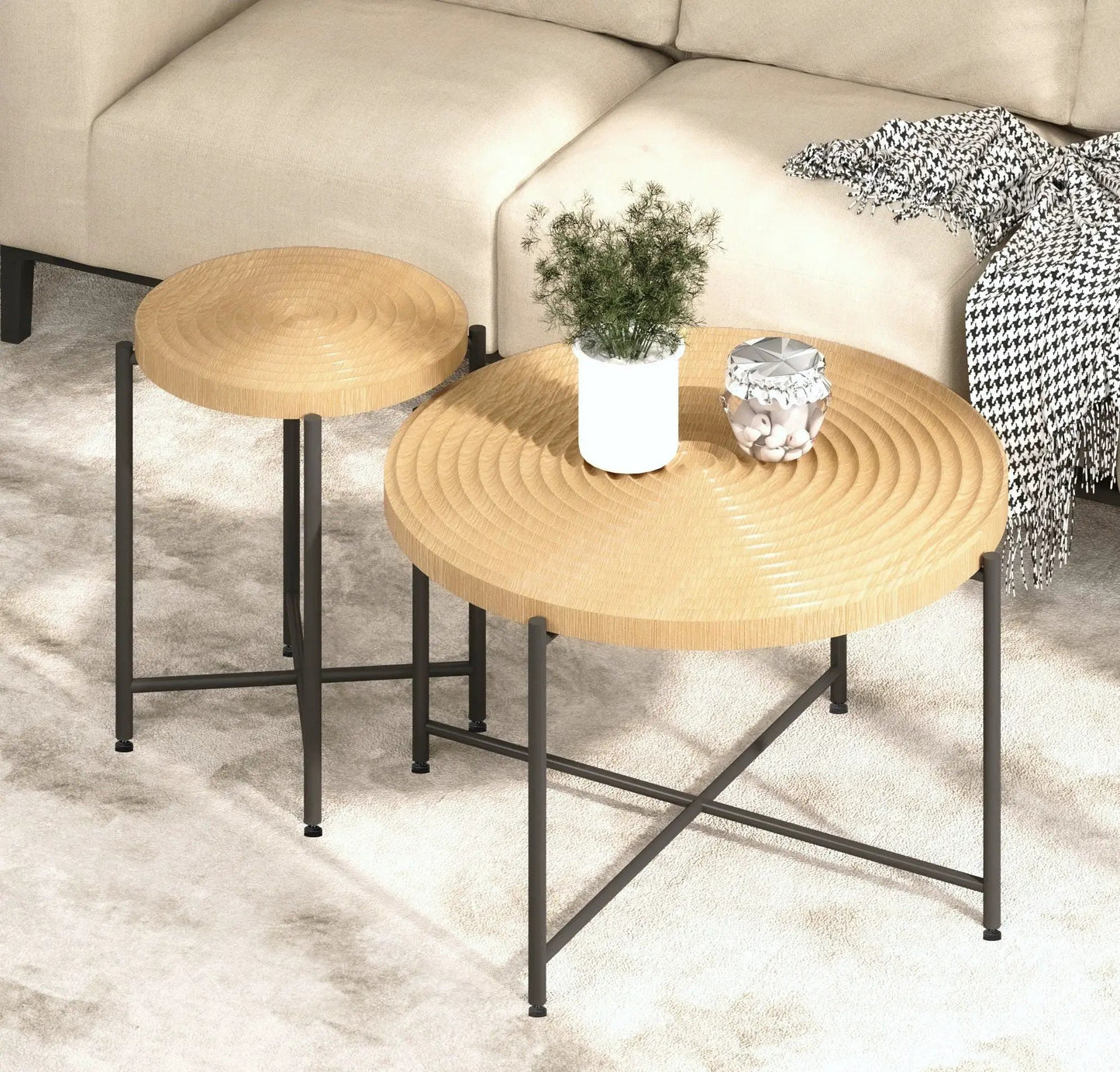 Coffee and End Tables Set with wood tops and black metal legs set of 2 by Unique Piece on Tampa Home & Garden Store