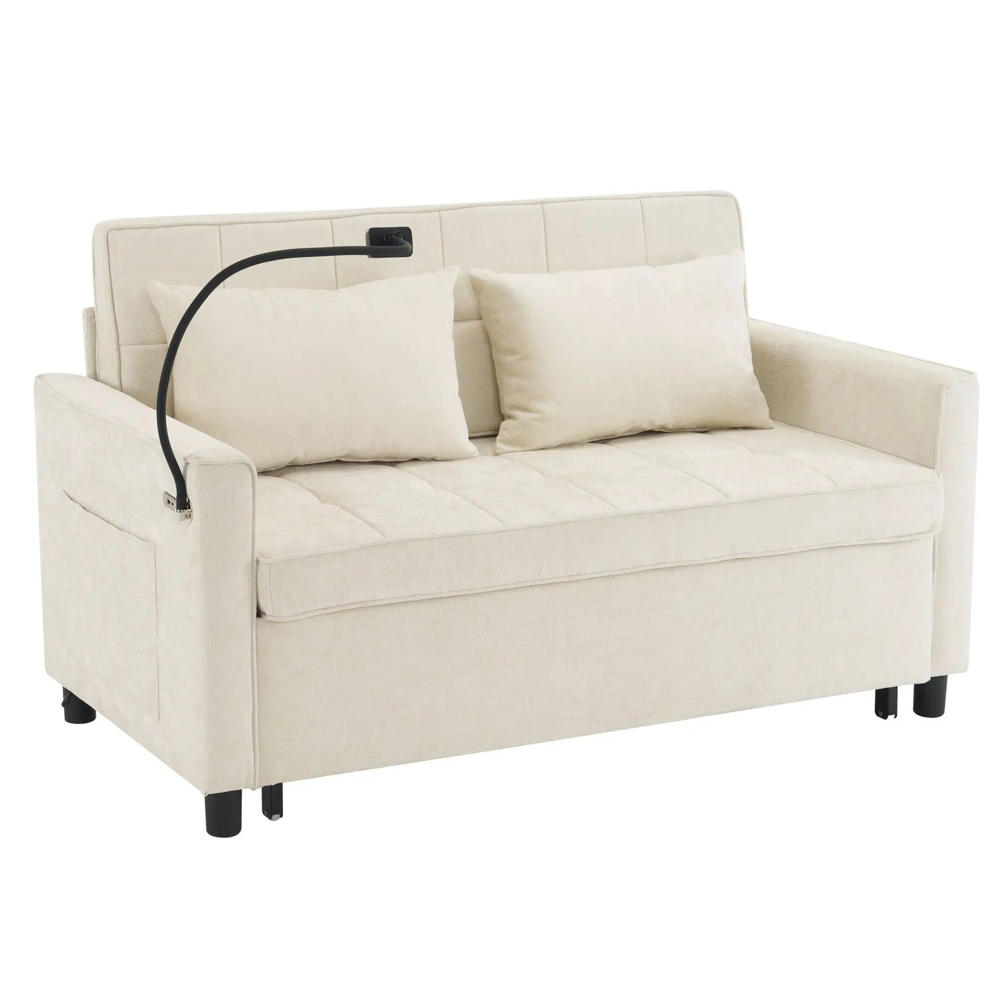 Beige fabric sleeper loveseat with tufted back cushions and slim black legs on Tampa Home & Garden Store