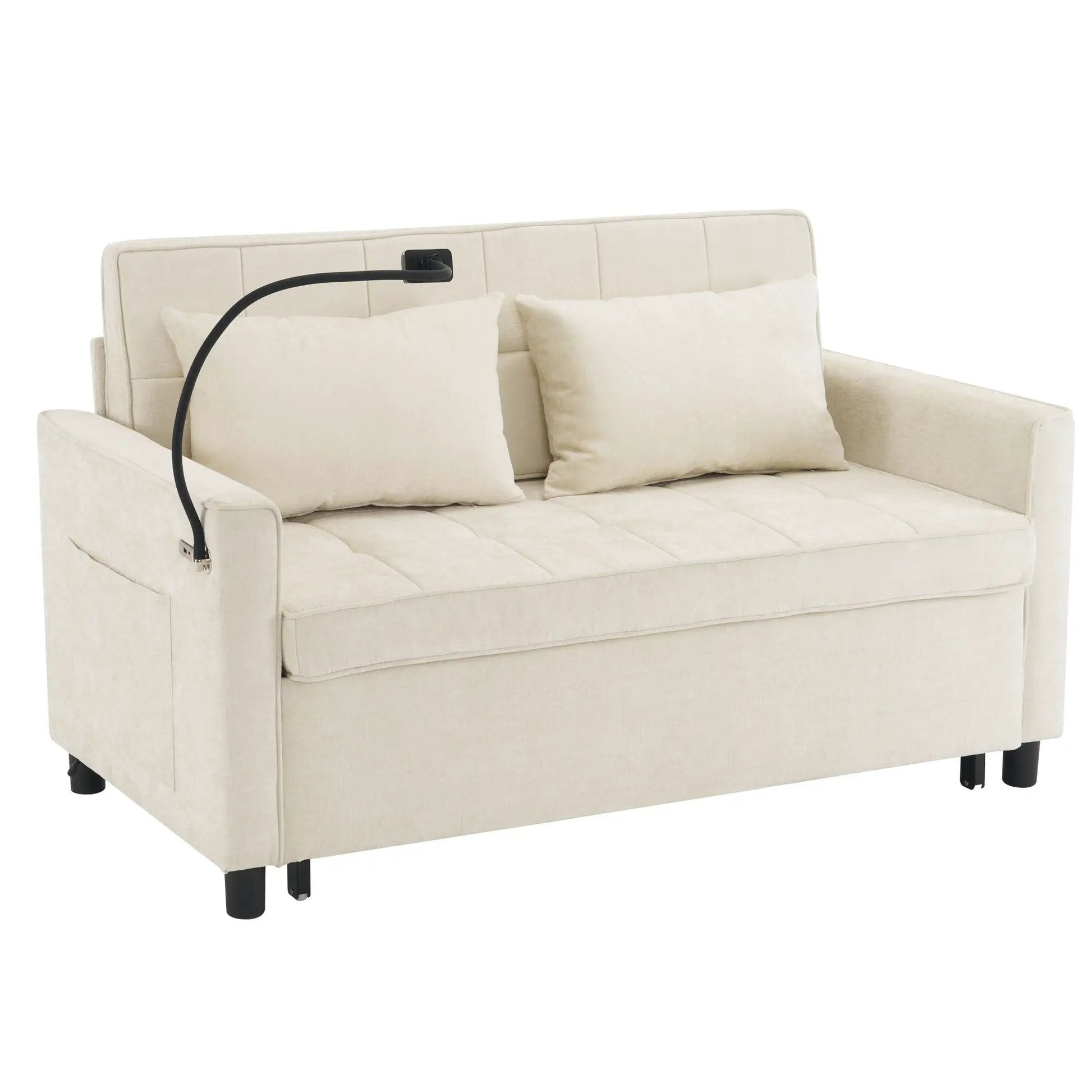 Beige fabric sleeper loveseat with tufted back cushions and slim black legs on Tampa Home & Garden Store
