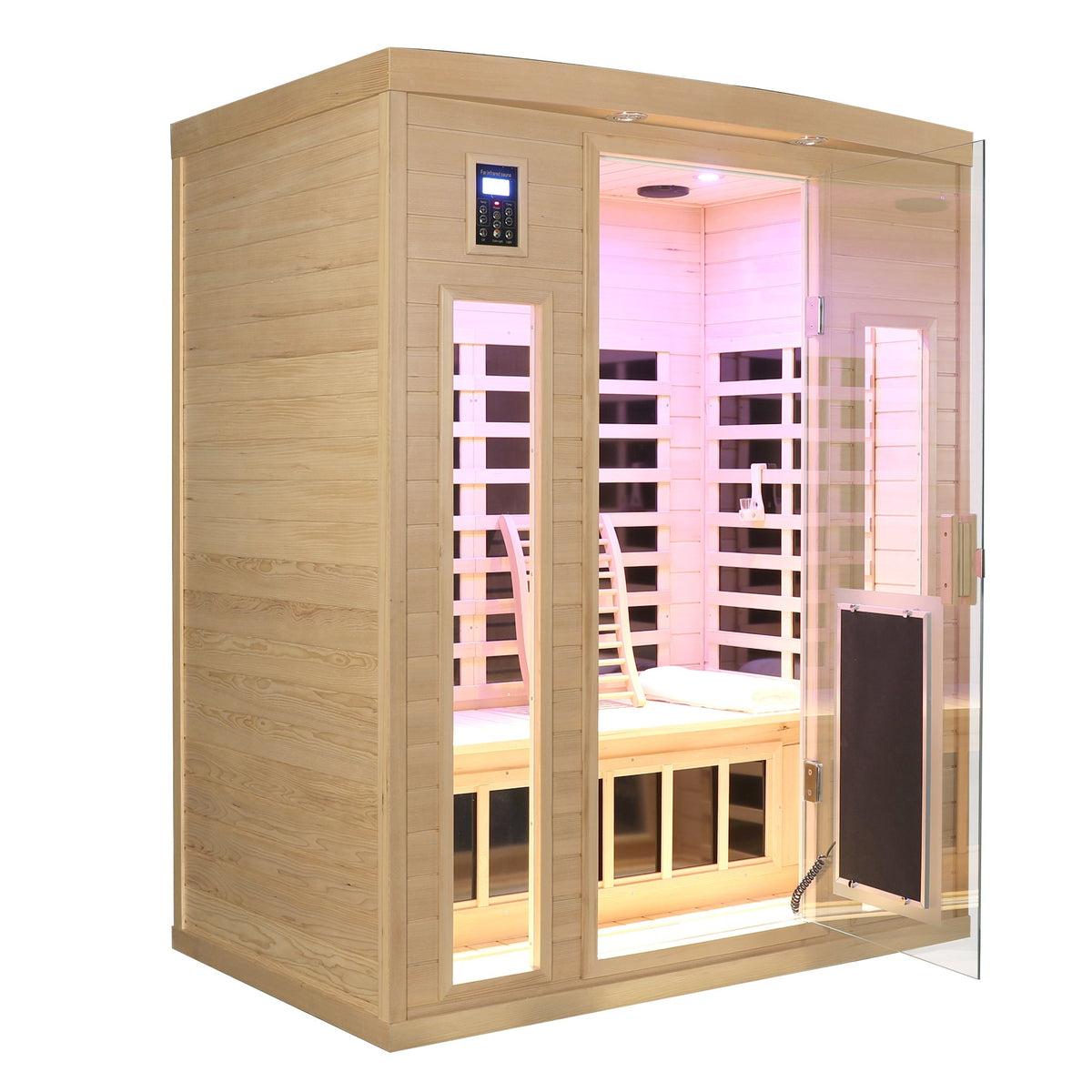 Three-person infrared sauna in Hemlock wood with glass door, pink interior, HouseOfZazla on Tampa Home & Garden Store